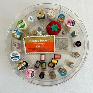 Vintage Round Sewing Thread Box Caddy w Accessories Large 60's Clear Plastic MCM